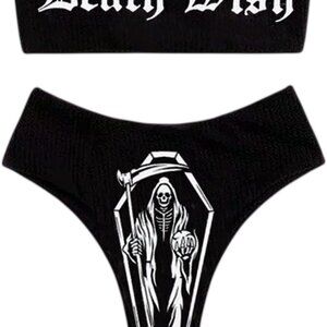 Women Bikini Set High Waist Skull Letter Pattern Swimsuit Rave Beach Wear